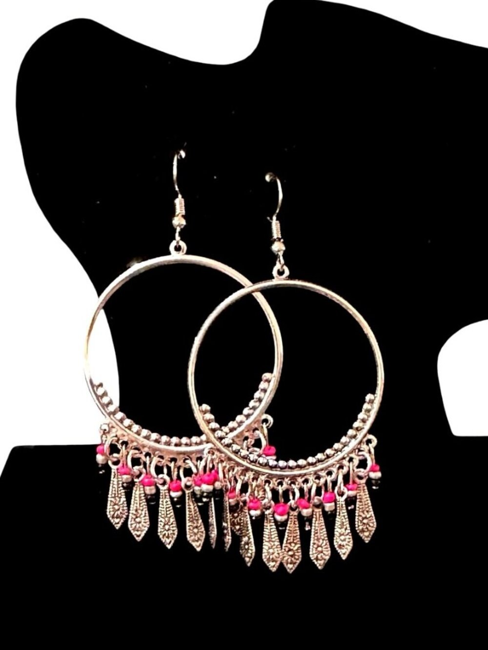Boho Style Silver Hoop Earrings Pink Black Beads Dangling Charms 3 Inch NWOT